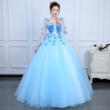 Mėlyna/rausva gėlių nėrinių siuvinėjimo kamuolys suknelė viduramžių suknelė ilga suknelė Viduramžių ir Renesanso Suknelė Victoria Gražuolė suknelė