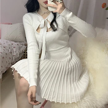 Pavasario Kawaii Megztinis Suknelė Moterims, Elegantiškas Kratinys Seksuali Megzta Suknelė Moterų Saldus Japonų Dizaineris Korėjos Suknelė Moterims 2021