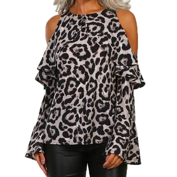 Seksualus T marškinėliai Moterims Leopard Print Long Sleeve Tee Viršūnės Peties Femme T-Shirts Ponios Streetwear 2019 Madinga Marškinėlius Moterims