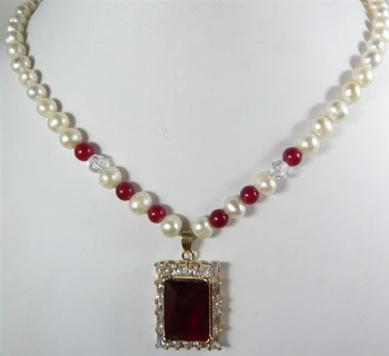 Gamtos Originali 7-8MM Gėlavandenių Perlų raudona jade rutuliukų Karoliai+kristalų Pakabukas