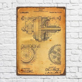 Mechaninė Pavara 1912 Patentų Vintage Retro Metalo Skardos Pasirašyti Metalo Ženklas, Sienų Dekoras Mados Meno Dekoro Plakatas BIE153