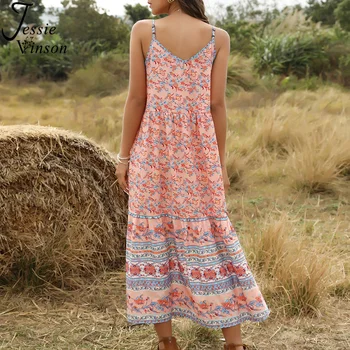 Jessie Vinson Boho Print Long Maxi Suknelė Moterims Bohemijos Rankovių Spageti Dirželis Paplūdimio Suknelės Prarasti Sundress Vasaros Atostogų