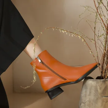 Mados Orange Britų Retro Stiliaus Kvadratinės Pėdos Storio Kulno Vidurio kulno Batai Moterų Oda Temperamentas Pusėje Užtrauktukas Moterų Batai