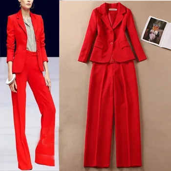 Aukštos kokybės mados nauja raudona mados kostiumą moterų Oficialų OLIS plonas kostiumas aukštos juosmens, tiesios plačios kojos kelnės moterims komplektai