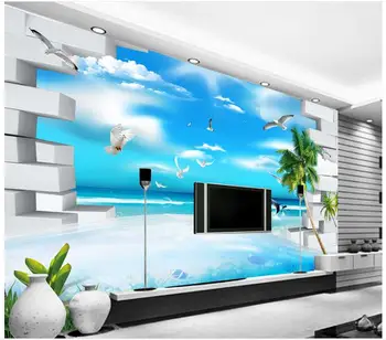 3D sienų freskomis tapetai užsakymą nuotrauką freskos Kraštovaizdžio 3D gražus švieži jūros vaizdas gyvenamasis kambarys su sofa-lova, TV foną, sienų freskomis