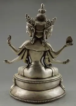 Parengti Kinijos Dekoratyvinis senų Tibeto sidabro danga Budos statula su 3 galvutėmis, šešiais ginklais