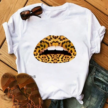 Juokinga Didelis Lūpų Leopard Print T Marškinėliai Moterims Vasaros Trumpomis Rankovėmis T-Shirt Lady Marškinėliai Harajuku O-Kaklo Medvilnės Viršuje Tees Moteris