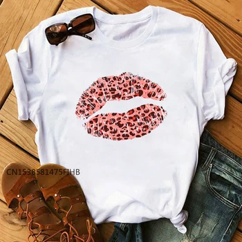 Juokinga Didelis Lūpų Leopard Print T Marškinėliai Moterims Vasaros Trumpomis Rankovėmis T-Shirt Lady Marškinėliai Harajuku O-Kaklo Medvilnės Viršuje Tees Moteris