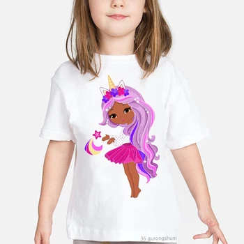 Vaikų vasaros mados nauja, t-shirt spausdinti rudos odos mergina melanino vaivorykštė vienaragis modelis kawaii girlst-shirt Harajuku trumpas rankovės