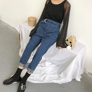 Moterų Aukšto Juosmens Džinsai 2019 M. Vasarą, Rudenį Streetwear Madinga Atsitiktinis Palaidų Susinervinęs Diržo Siuvinėjimo Haremas Pants Džinsai