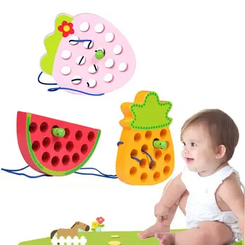 Populiarios Medinės Jungiamąją Žaislas Threading Vaisių, Braškių, Ananasų Arbūzas Blokuoti Galvosūkiai Baby Vaikų Švietimo Žaislai