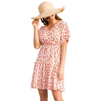 Mados 2020 m. Naujas Stiliaus Naujus Produktus Šifono Floral-Print Holiday Beach One-piece Suknelė Vasarą Nešioti