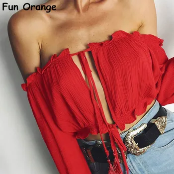 Įdomus Oranžinė Ilgomis Rankovėmis Šifono Palaidinė Marškinėliai Moterims Topai Boho Off Peties Pasėlių Viršuje Raudona Vasaros Paplūdimio Palaidinė Chemise Vamzdis Blusa