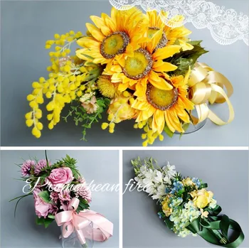 Geltonos spalvos Dirbtinių Rožių Šilko Gėlės, Vestuvių Puokštės, skirtos Nuotaka, turintis Gėlių Flores Artificiales De Novia Puokštė Sposa