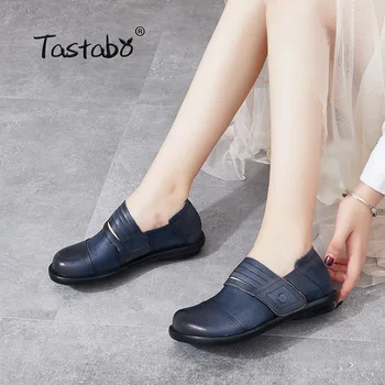Tastabo natūralios Odos moteriški batai, Rankų darbo plokšti batai Dėvėti, atsparus guminis padas S99115 Chaki Mėlynas mažas kulnas Komfortas vidpadis
