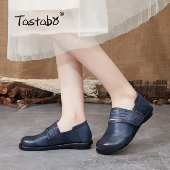 Tastabo natūralios Odos moteriški batai, Rankų darbo plokšti batai Dėvėti, atsparus guminis padas S99115 Chaki Mėlynas mažas kulnas Komfortas vidpadis