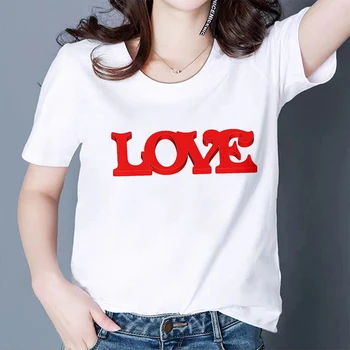 Laiškas Trumpas rankovėmis Viršūnes Marškinėliai Atsitiktinis Gatvės Dėvi baltus Marškinėlius Vasaros Moterų Mados Meilės Spausdinimo T-shirt Harajuku