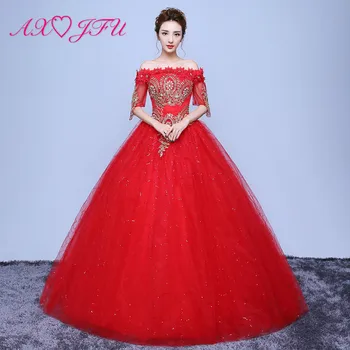 AXJFU prabangių gėlių nėrinių raudona vestuvinė suknelė princesė šalis valtis kaklo duobute kristalų pusė rankovės gėlių balta vestuvinė suknelė
