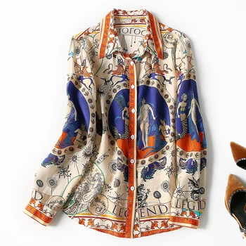 Grynas Nekilnojamojo Šilko Moterų Atsitiktinis Marškiniai, Elegantiškas Turn-žemyn Apykaklės ilgomis Rankovėmis Derliaus Spausdinimo Palaidinės Pavasarį, Rudenį Lady Palaidinė