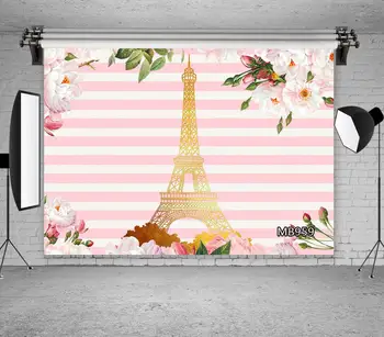 Aukso Eifelio Bokštas Fotografijos Fonas Lentos Gėlių, Augalų Pink, White Stripes Fotografijos Backdrops Foto Studija