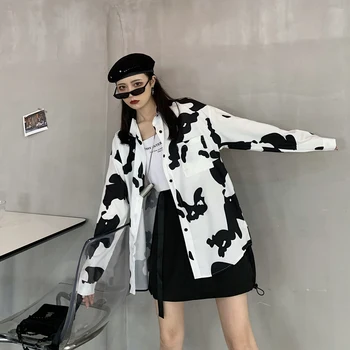 Harajuku Karvė Spausdinti Marškinėliai Moterims Korėjos Atsitiktinis Palaidų Ilgomis Rankovėmis Viršūnes Moterų Plius Dydis Outwear Palaidinukės Su Kišenėmis
