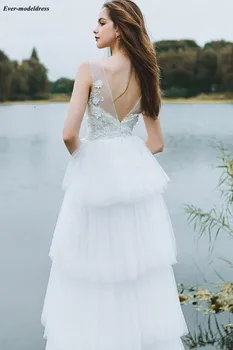 Spalvingas Vestuvių Suknelės 2019 Pakopų-Line Nėrinių Appliues Backless Grindų Ilgis Elegantiškos Vestuvinės Suknelės Vestidos De Noiva Plius Dydis