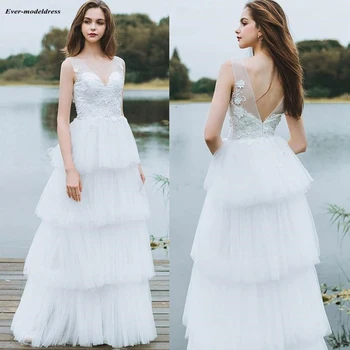 Spalvingas Vestuvių Suknelės 2019 Pakopų-Line Nėrinių Appliues Backless Grindų Ilgis Elegantiškos Vestuvinės Suknelės Vestidos De Noiva Plius Dydis