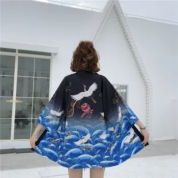 2020 Naujas Vasaros Laisvi Atidaryti Dygsnio Harujuku Moterų Marškiniai, O Ant Kaklo Trys Ketvirtį Gėlių Spausdinti Lady Kimono