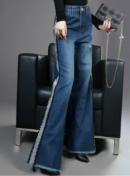Platus kojų džinsai moterų 2020 m. pavasarį bf stiliaus šoninę grandinę aukšto juosmens tiesūs džinsai plius dydis