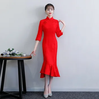 Kilnus Moterų Sexy Cheongsam 2018 M. Pavasarį Tradicinės Kinų stiliaus Ilga Suknelė Plonas Šalis Suknelės Mygtuką Nėrinių Veliūras Qipao Vestido