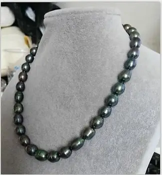 Stunning9-10mm tahitian juodas žalias baroko perlas karoliai 18inch 14K