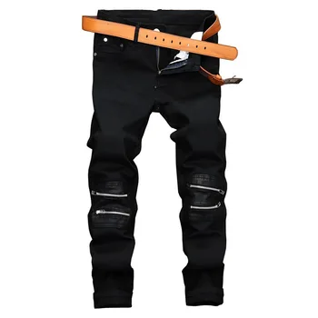 Vyrai Hip-Hop Džinsai Kratinys Tiesiai Džinsinio Audinio Kelnės Moto Dviratininkas Mados Užtrauktuko Dizainas Rudenį Atsitiktinis Masculina Black Jeans Mens