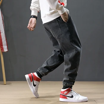 Japonų Stiliaus Vyrų Mados Džinsus, Pilkos Spalvos, Palaidi Tinka Spliced Krovinių Kelnės Haremo Džinsai Vintage Dizaineris Hip-Hop Poilsiu Džinsai Vyrams