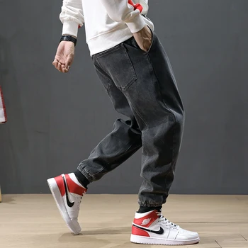 Japonų Stiliaus Vyrų Mados Džinsus, Pilkos Spalvos, Palaidi Tinka Spliced Krovinių Kelnės Haremo Džinsai Vintage Dizaineris Hip-Hop Poilsiu Džinsai Vyrams