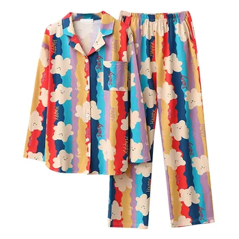Korėjos stiliaus Medvilnės loverly Vaivorykštė Spausdinti Pižamos Rinkiniai Moteris ilgomis rankovėmis Namų Drabužiai sleepwear Moteriška Pižama Tiktų pavasarį, Rudenį