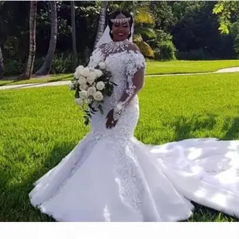 Afrikos Plius Dydis Vestuvių Suknelės 2022 Didelės Iškirptės Iliuzija Ilgomis Rankovėmis Appliques Zawalcowany Undinė Vestuvinės Suknelės Teismas Traukinys