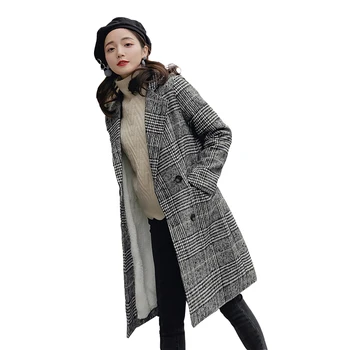 Mados houndstooth moterų flocking šiltas vilnonis kailis ilgas skyriuje 2019 naujų laukinių tiesiai vilnonis paltas moteriška tendencija ponios
