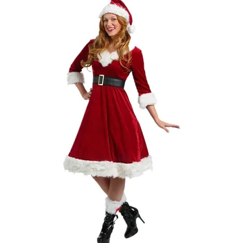Deluxe Moterų Kalėdų Aksomo Suknelė Miss Kalėdų Senelio KALĖDOS Kostiumas Apranga Raudona Ilgos Suknelės
