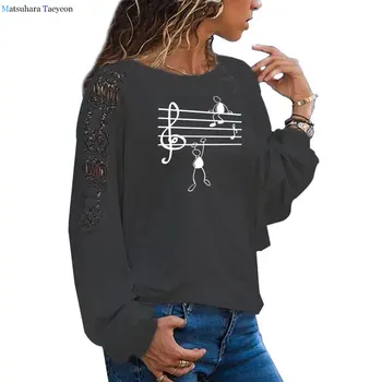 Muzikos Pažymi, Juokinga Atspausdinta Marškinėliai Moterims Harajuku T-Shirt Mergina Rudenį Gyvūnų Ilgomis Rankovėmis Tshirts Atsitiktinis Didelio Dydžio Prarasti Nėrinių Viršų