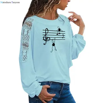 Muzikos Pažymi, Juokinga Atspausdinta Marškinėliai Moterims Harajuku T-Shirt Mergina Rudenį Gyvūnų Ilgomis Rankovėmis Tshirts Atsitiktinis Didelio Dydžio Prarasti Nėrinių Viršų