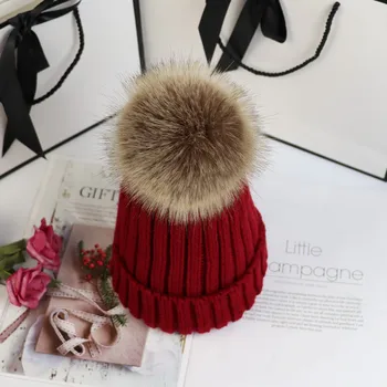 Vilnonių skrybėlę moterų rudenį ir žiemą imitacija meškėnas fox plaukų kamuolys tėvų-vaikų apsidraudimo megzta kepurė vaikams tirštėti šiltą rudenį
