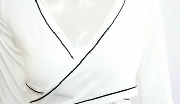 Balta wrap palaidinė Sexy v kaklo varpas rankovėmis kryžiaus tvarstis apkarpyti viršūnes Moterys vasarą kaklaraištis juosmens trumpas blusa