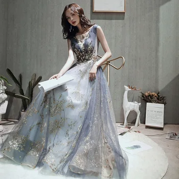 Vakaro Suknelės Ilgai 2021 Elegantiškas O-kaklo Tiulio Aplikacijos Oficialią Suknelės be Rankovių-line Rūbeliai de soirée