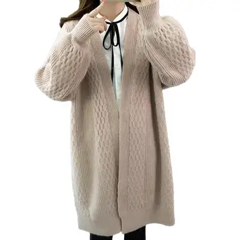 Moteris Rudens-Žiemos Trikotažas Megztinis ilgomis Rankovėmis Atidaryti Priekiniai Cardigan Vidutinio ilgio, Šiltas Megzti Paltai