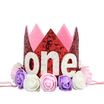 10VNT/Daug Didmeninės mergytę 1-ojo Gimtadienio Tortas Skrybėlę Princess Tiara Karūna Sparkle Kepurės su Dirbtinių Rožių Gėlių
