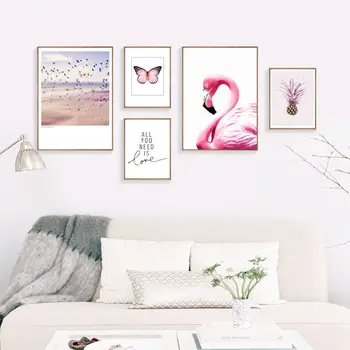 Decoracion Nordica Rožinis Drugelis Flamingo Plakatas Ananasų Dangaus Paukščių Sienos Meno Tapybos Drobės Plakatai Ir Spausdina Namų Neįrėminti