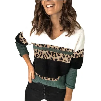 Derliaus Stilingų Moterų Džemperis Negabaritinių Leopardas Spausdinti V-kaklo, Megzti Viršūnes 2021 Mados Prarasti Viršutiniai drabužiai Lady ilgomis rankovėmis Viršūnes