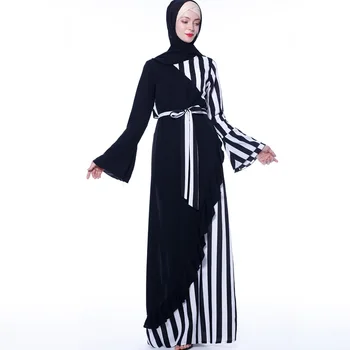 Musulmonų apdaras moterų spalvų dryžuotas ilgomis rankovėmis diržų suknelė abaja kimono musulmonų moterų suknelė MSL111
