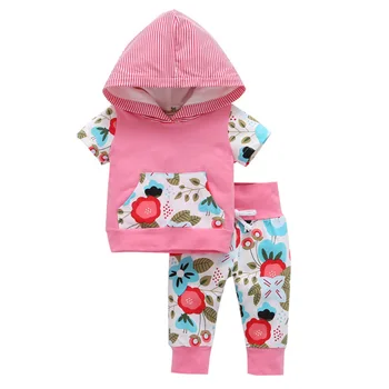 Vasarą Naujos Merginos kostiumas su gobtuvu baby girl drabužiai naujagimiams 2VNT kostiumas trumpomis rankovėmis Hoodie + spausdinami sportinės kelnės ropa bebe 0-24M