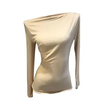 80% KARŠTO PARDAVIMO！！！Moterų Elegantiškas ilgomis Rankovėmis Slim Tinka Off-the-pečių Plisuotos vientisos Spalvos marškinėliai